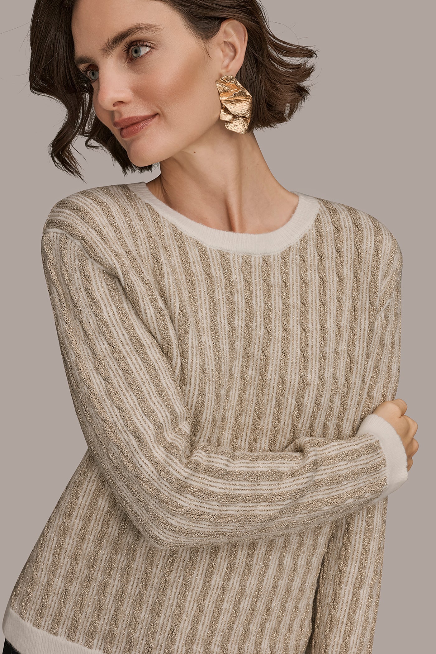 Donna Karan | METALLIC TWO-TONE CABLE-KNIT SWEATER
