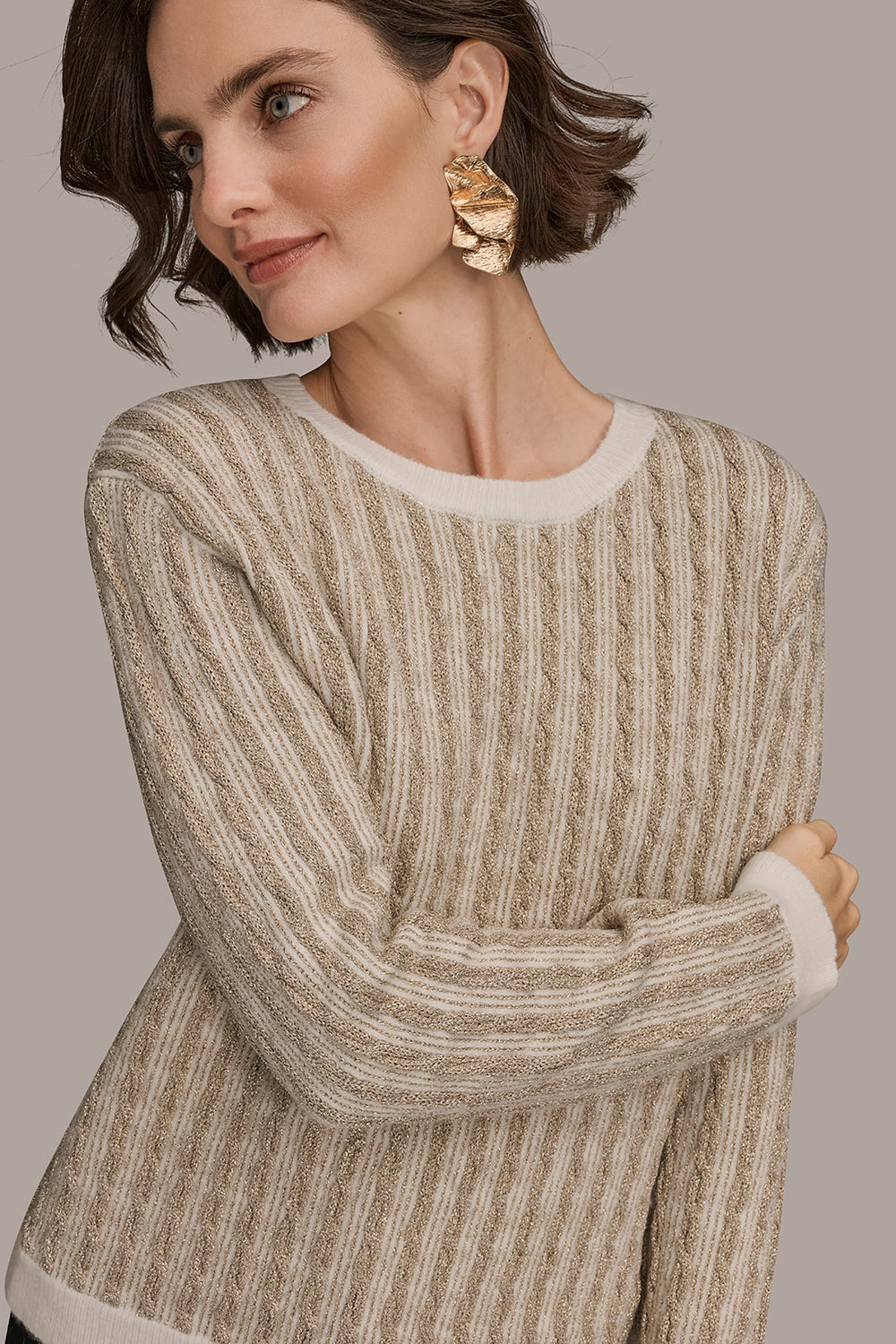 Donna Karan | METALLIC TWO-TONE CABLE-KNIT SWEATER