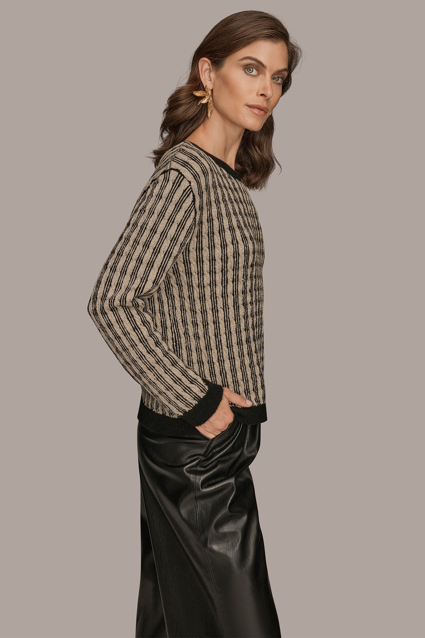 Donna Karan | METALLIC TWO-TONE CABLE-KNIT SWEATER