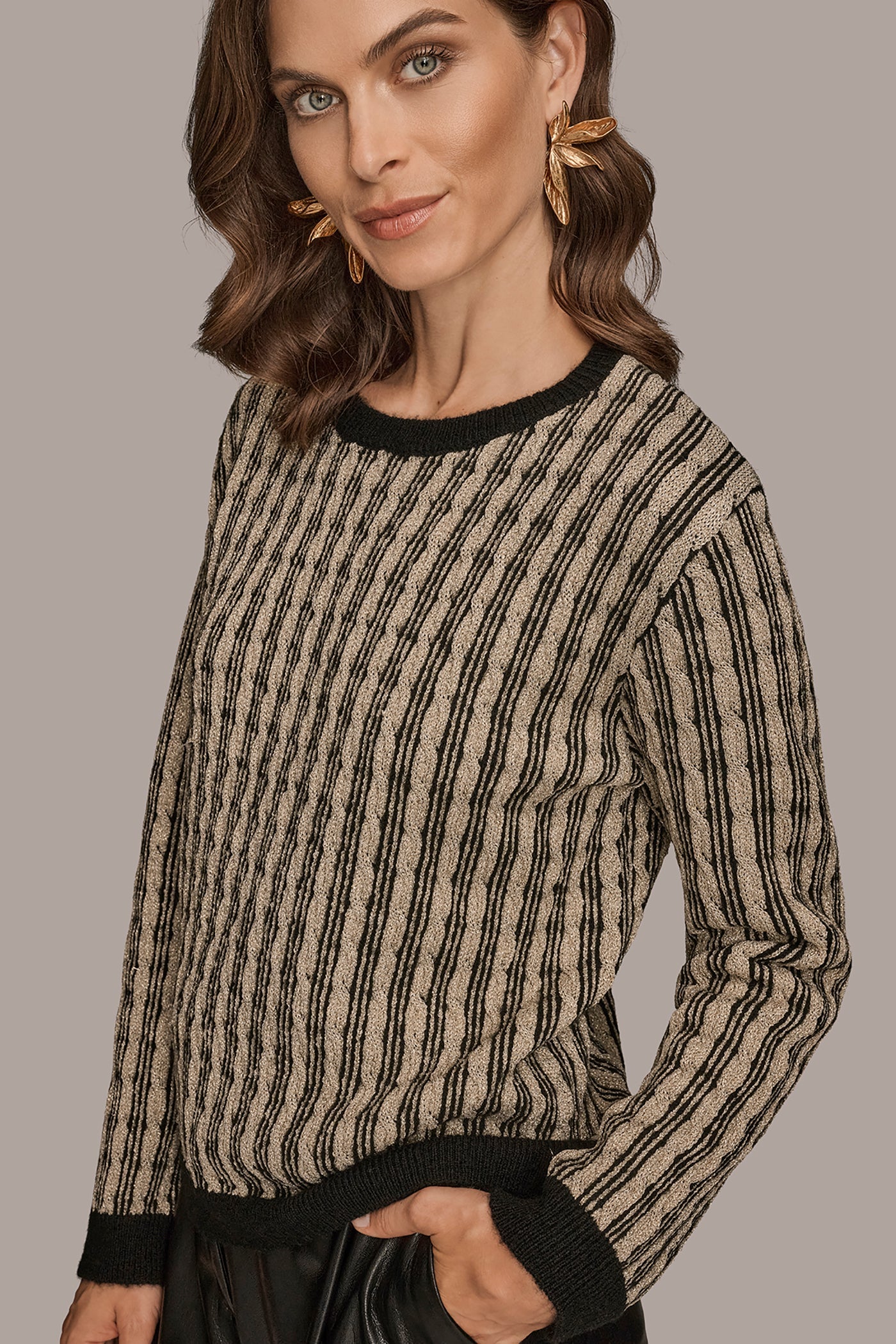 Donna Karan | METALLIC TWO-TONE CABLE-KNIT SWEATER