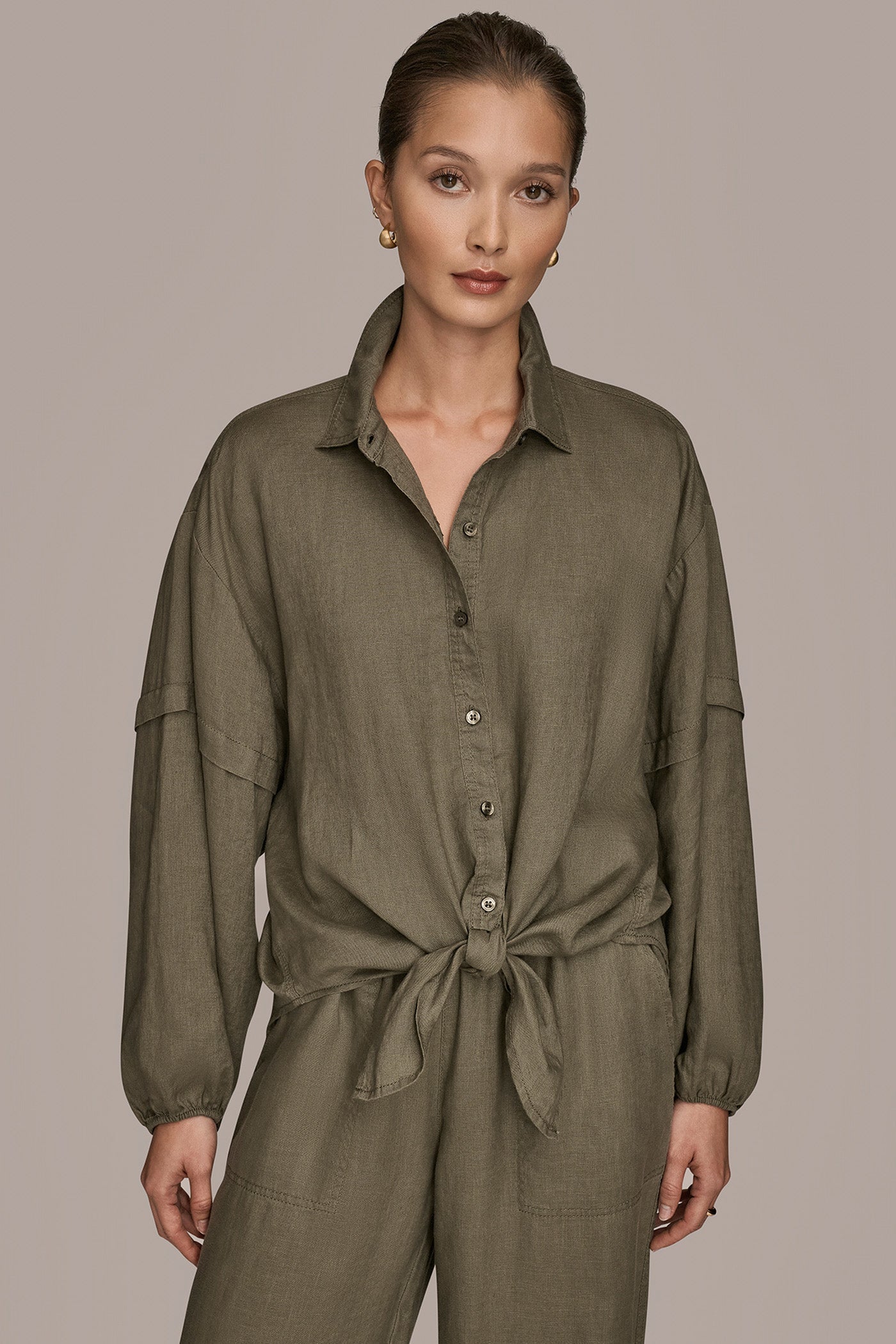 Donna Karan | LINEN BLOUSON SLEEVE TIE-FRONT SHIRT