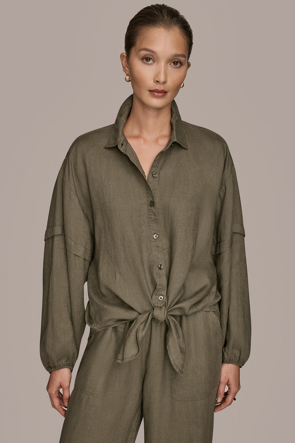 Donna Karan | LINEN BLOUSON SLEEVE TIE-FRONT SHIRT