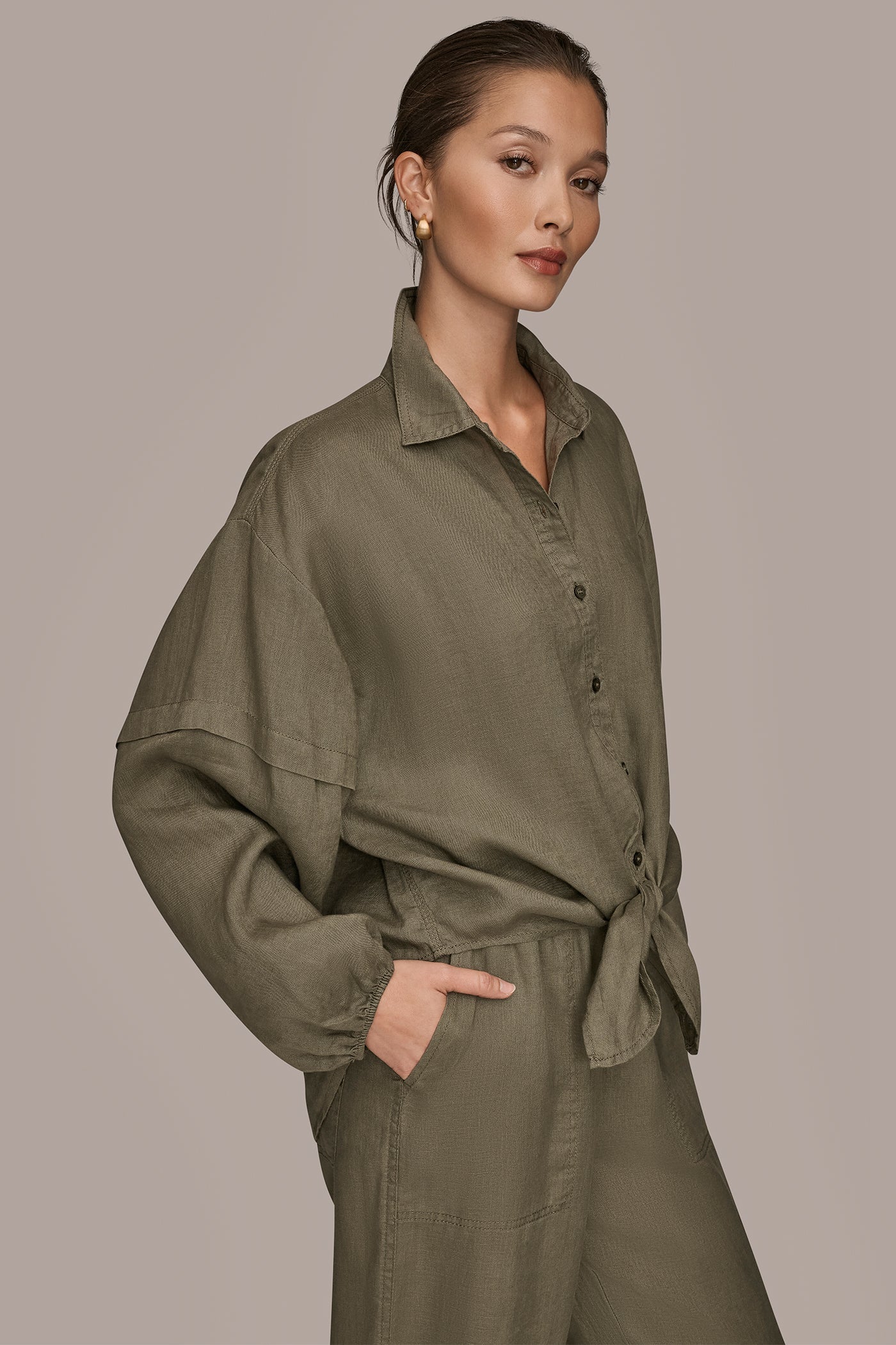 Donna Karan | LINEN BLOUSON SLEEVE TIE-FRONT SHIRT
