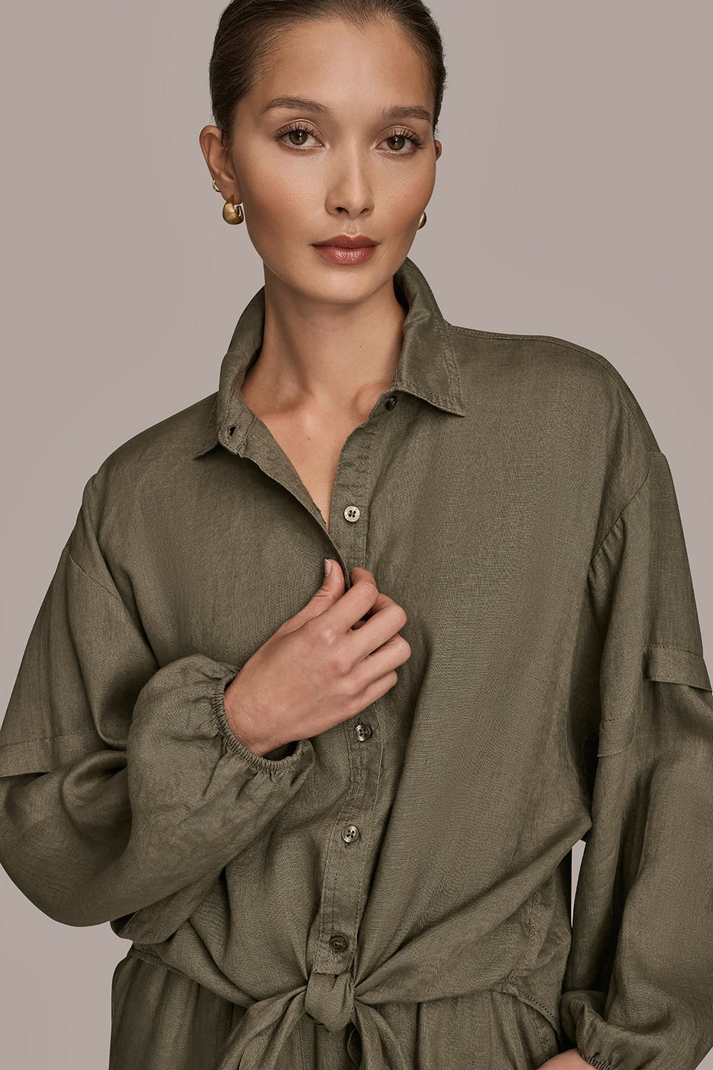 Donna Karan | LINEN BLOUSON SLEEVE TIE-FRONT SHIRT