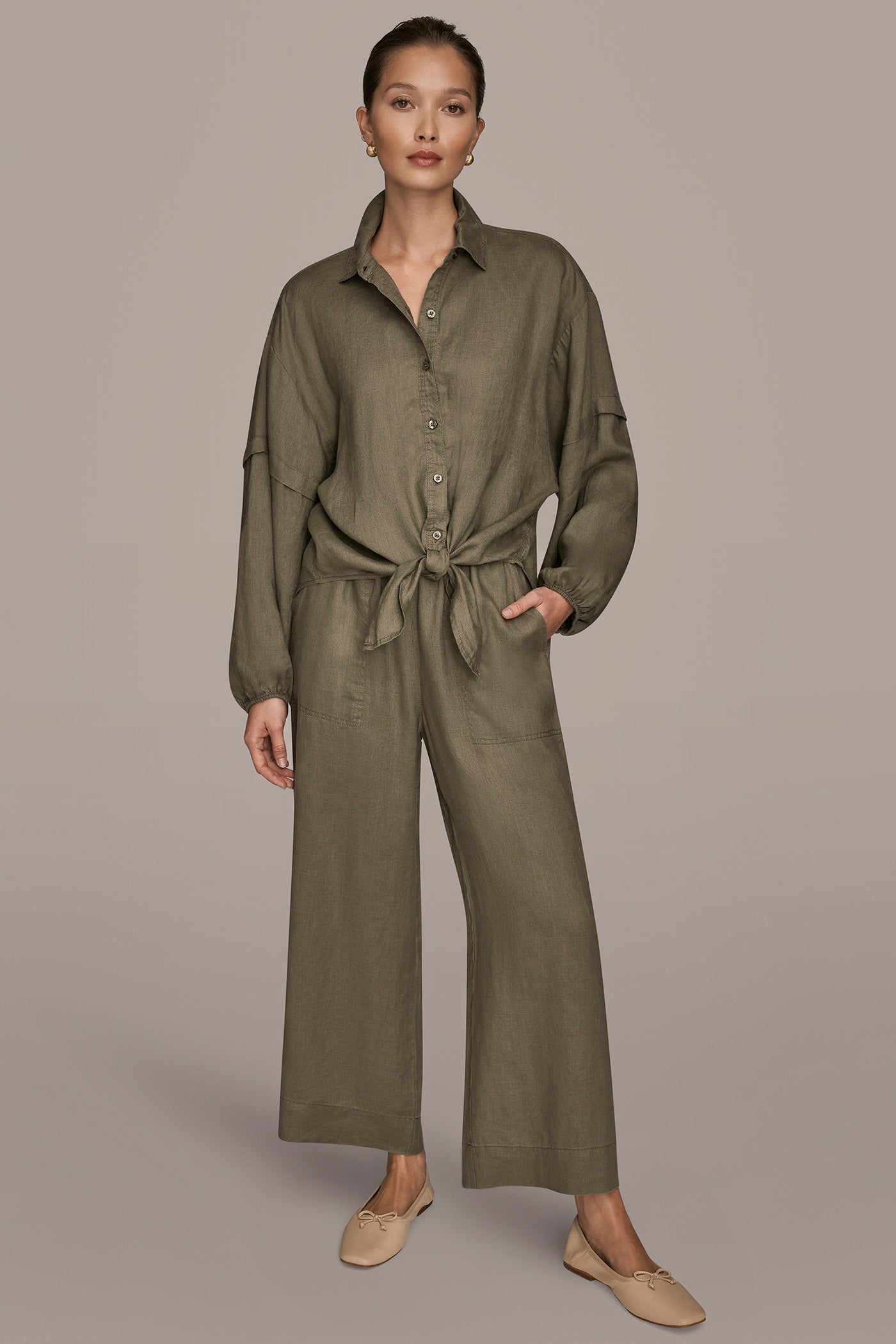 Donna Karan | LINEN BLOUSON SLEEVE TIE-FRONT SHIRT