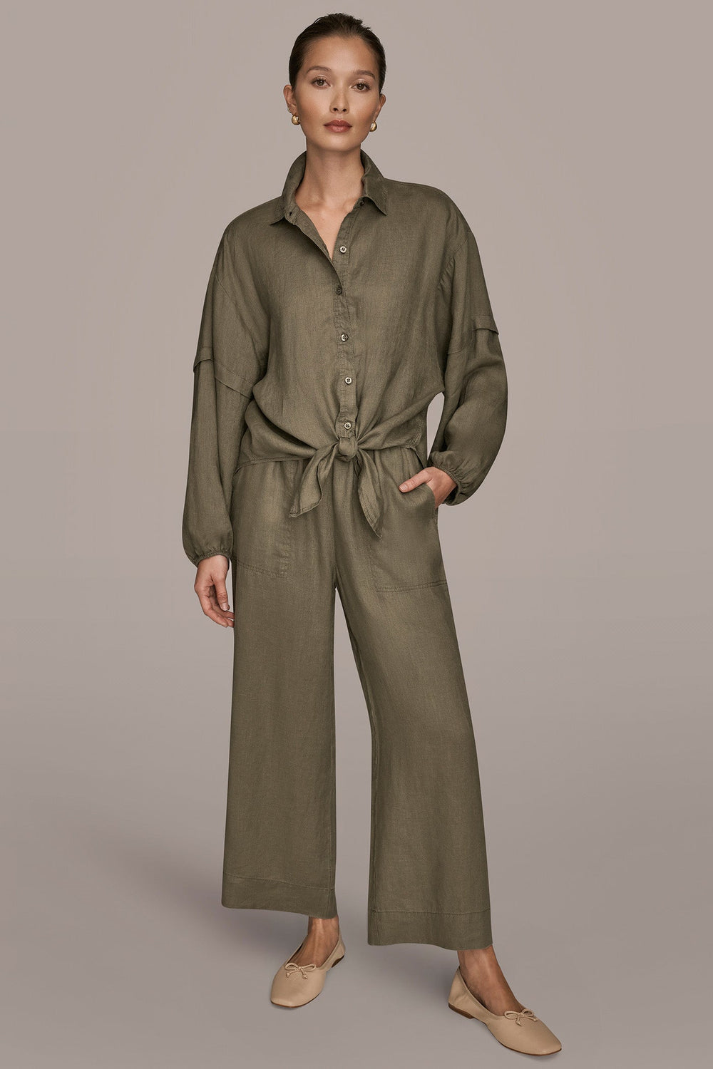 Donna Karan | LINEN BLOUSON SLEEVE TIE-FRONT SHIRT
