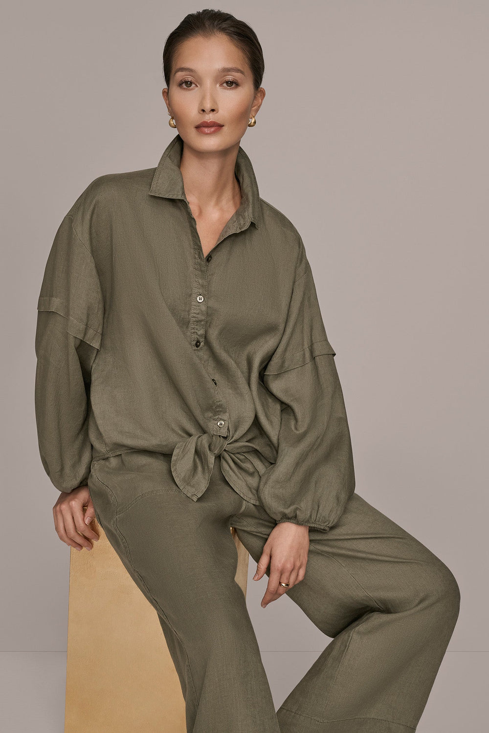 Donna Karan | LINEN BLOUSON SLEEVE TIE-FRONT SHIRT
