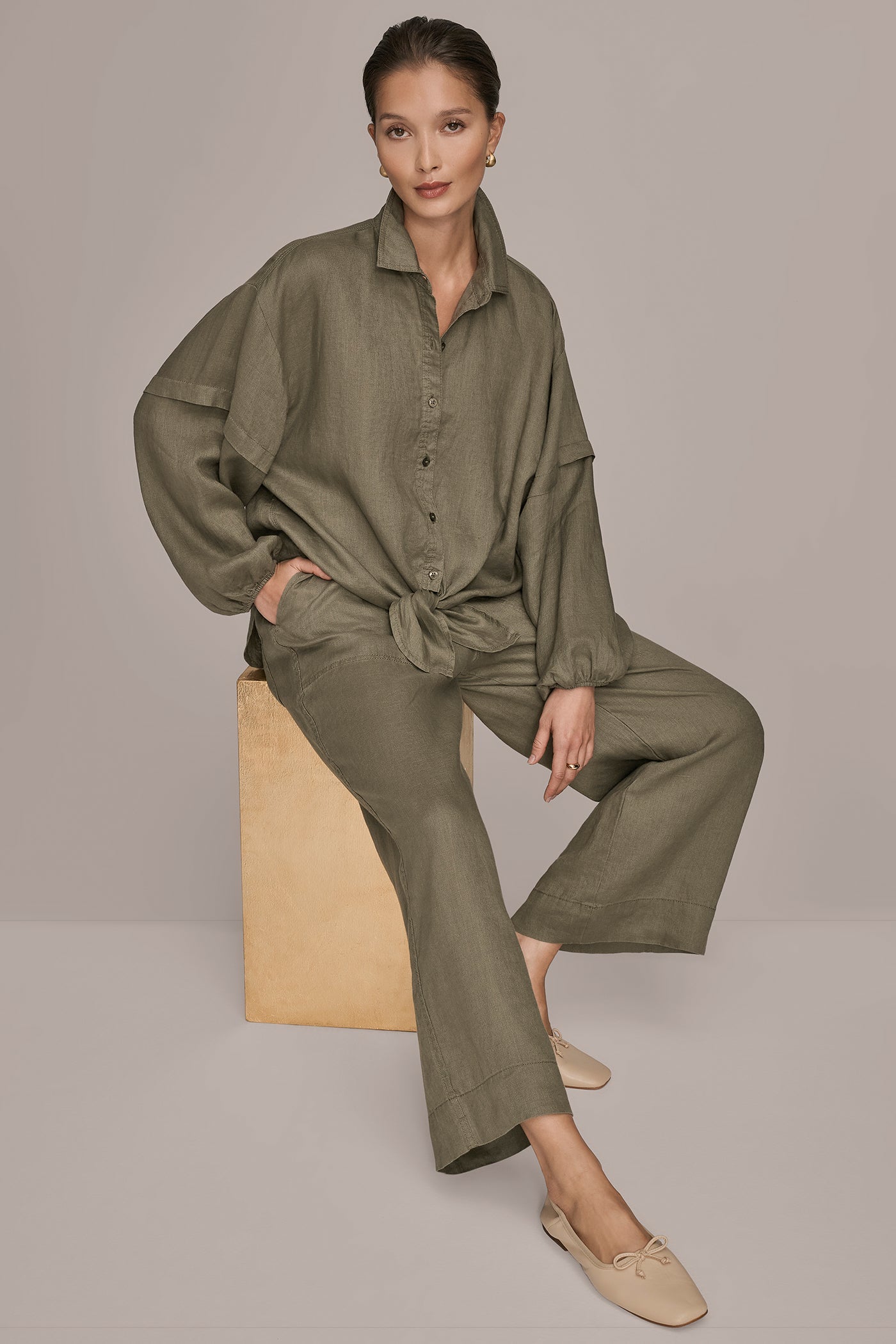 Donna Karan | LINEN BLOUSON SLEEVE TIE-FRONT SHIRT