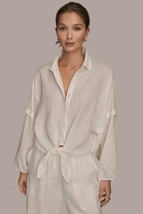 Donna Karan | LINEN BLOUSON SLEEVE TIE-FRONT SHIRT