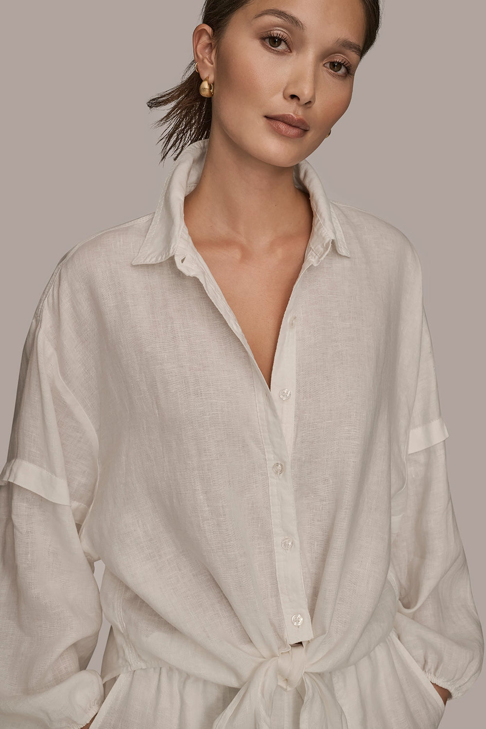 Donna Karan | LINEN BLOUSON SLEEVE TIE-FRONT SHIRT