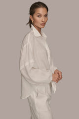 Donna Karan | LINEN BLOUSON SLEEVE TIE-FRONT SHIRT