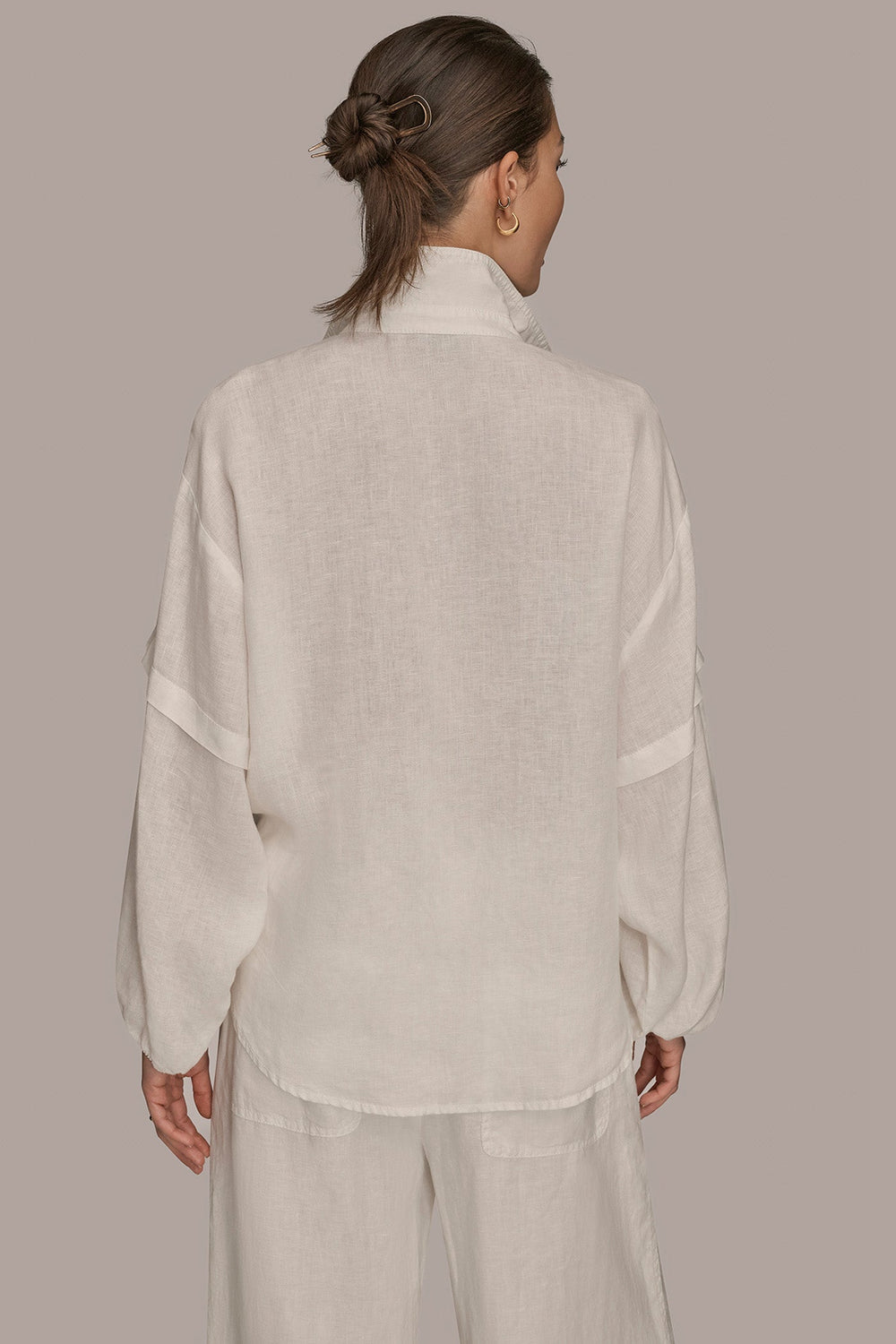 Donna Karan | LINEN BLOUSON SLEEVE TIE-FRONT SHIRT