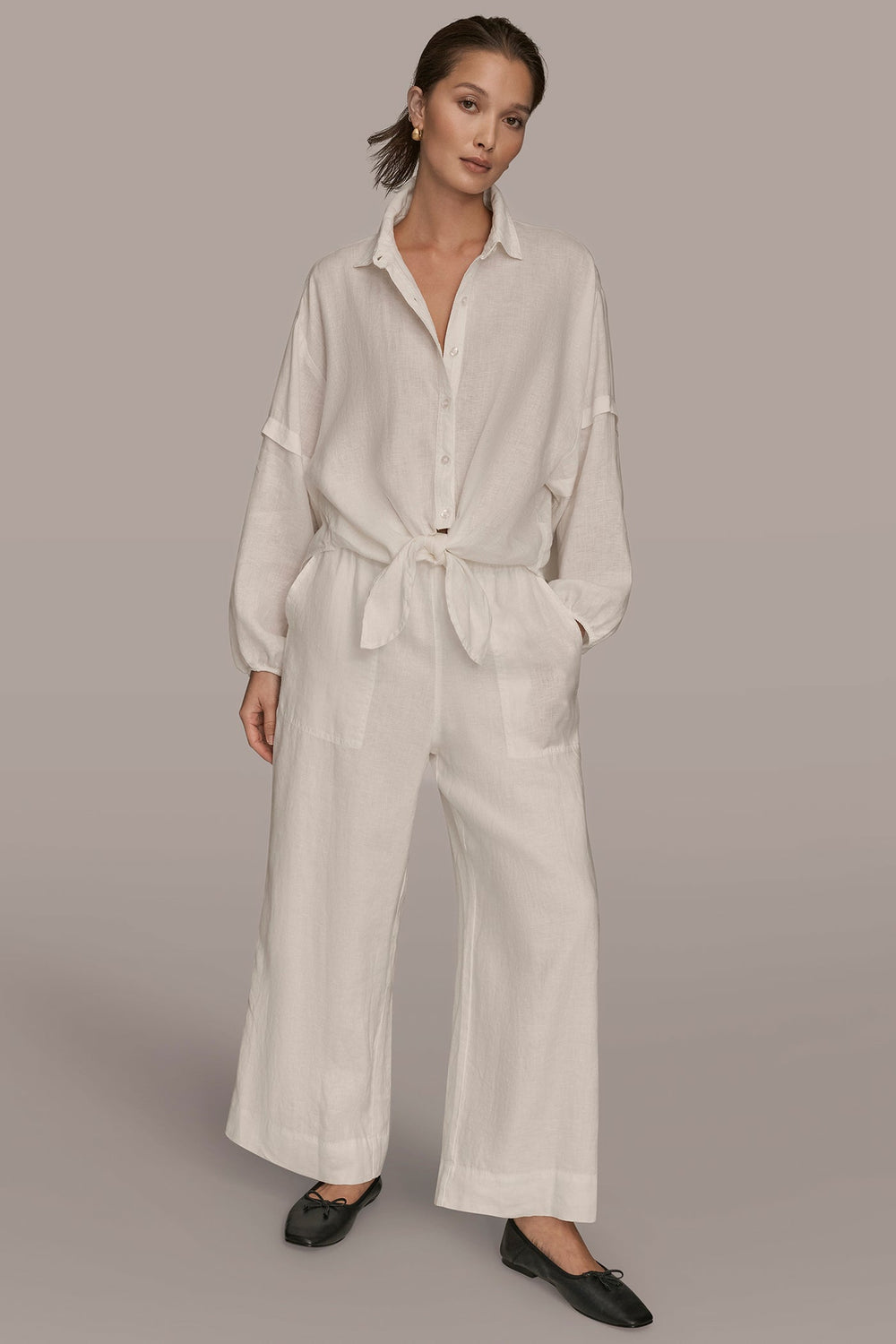 Donna Karan | LINEN BLOUSON SLEEVE TIE-FRONT SHIRT
