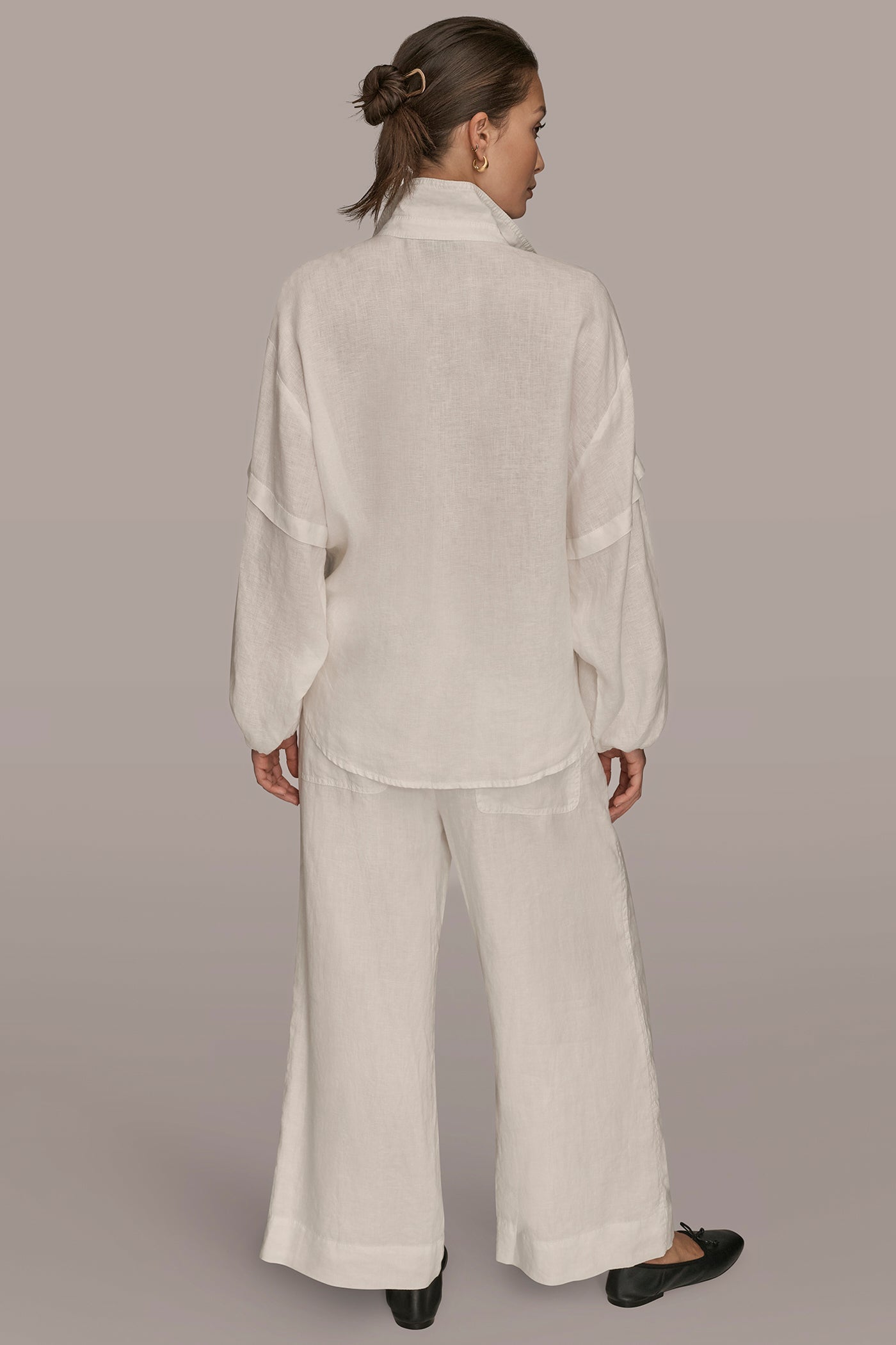 Donna Karan | LINEN BLOUSON SLEEVE TIE-FRONT SHIRT