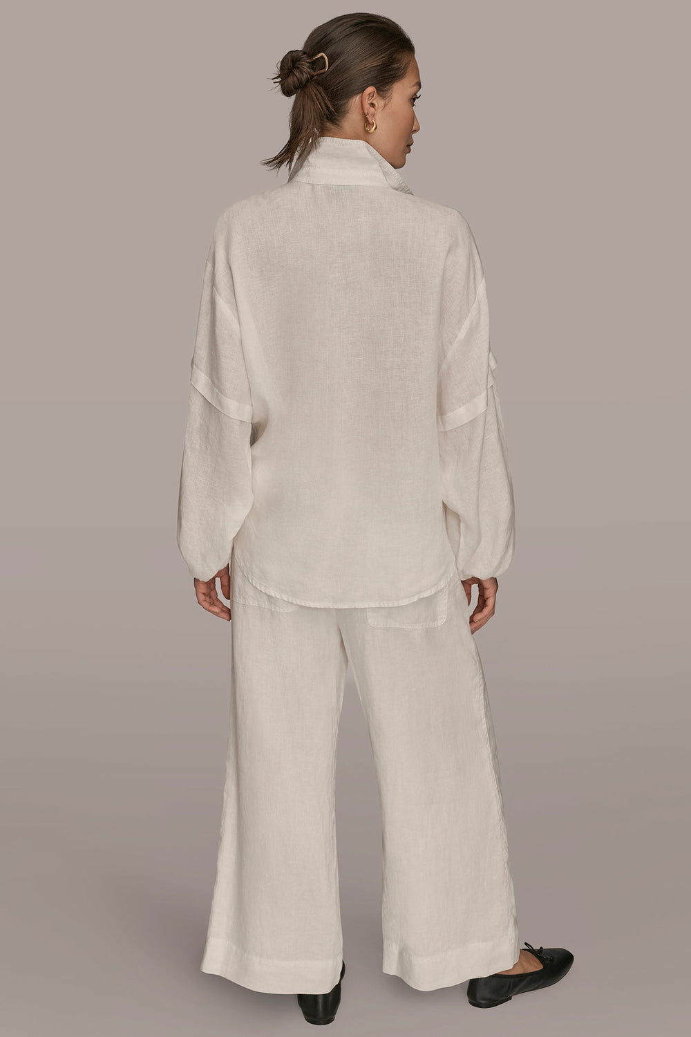 Donna Karan | LINEN BLOUSON SLEEVE TIE-FRONT SHIRT