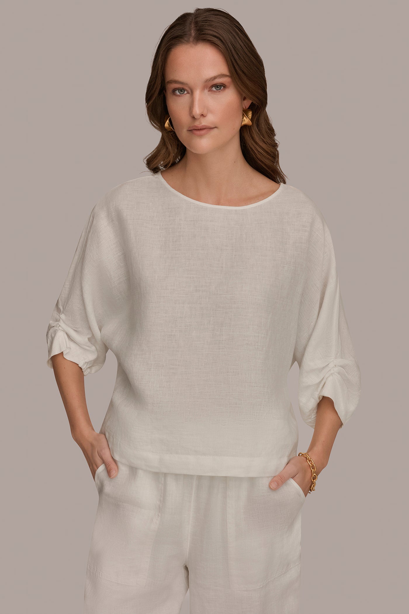 Donna Karan | LINEN TWIST CUFF SLEEVE BLOUSE