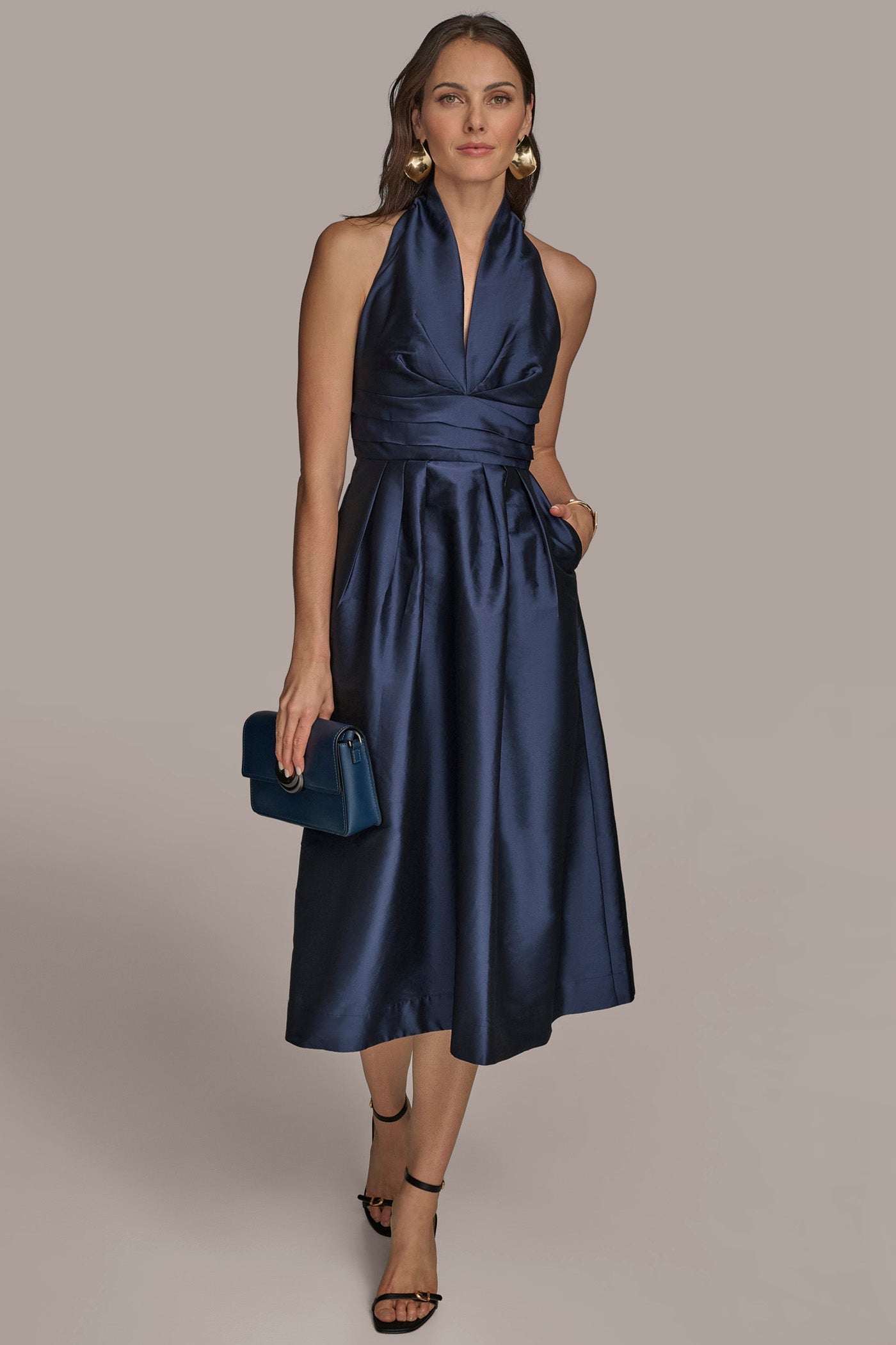 Donna Karan | SLEEVELESS V-NECK TAFFETA MIDI COCKTAIL DRESS