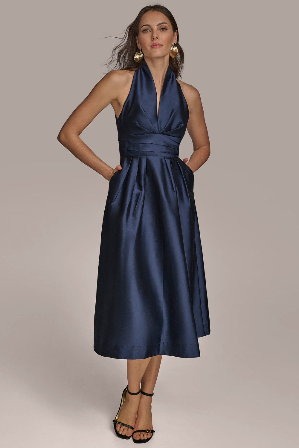 Donna Karan | SLEEVELESS V-NECK TAFFETA MIDI COCKTAIL DRESS