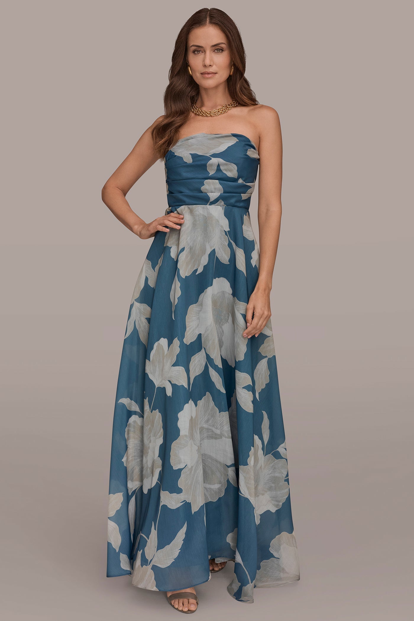 Donna Karan | ORGANZA STRAPLESS FLORAL PLEATED GOWN
