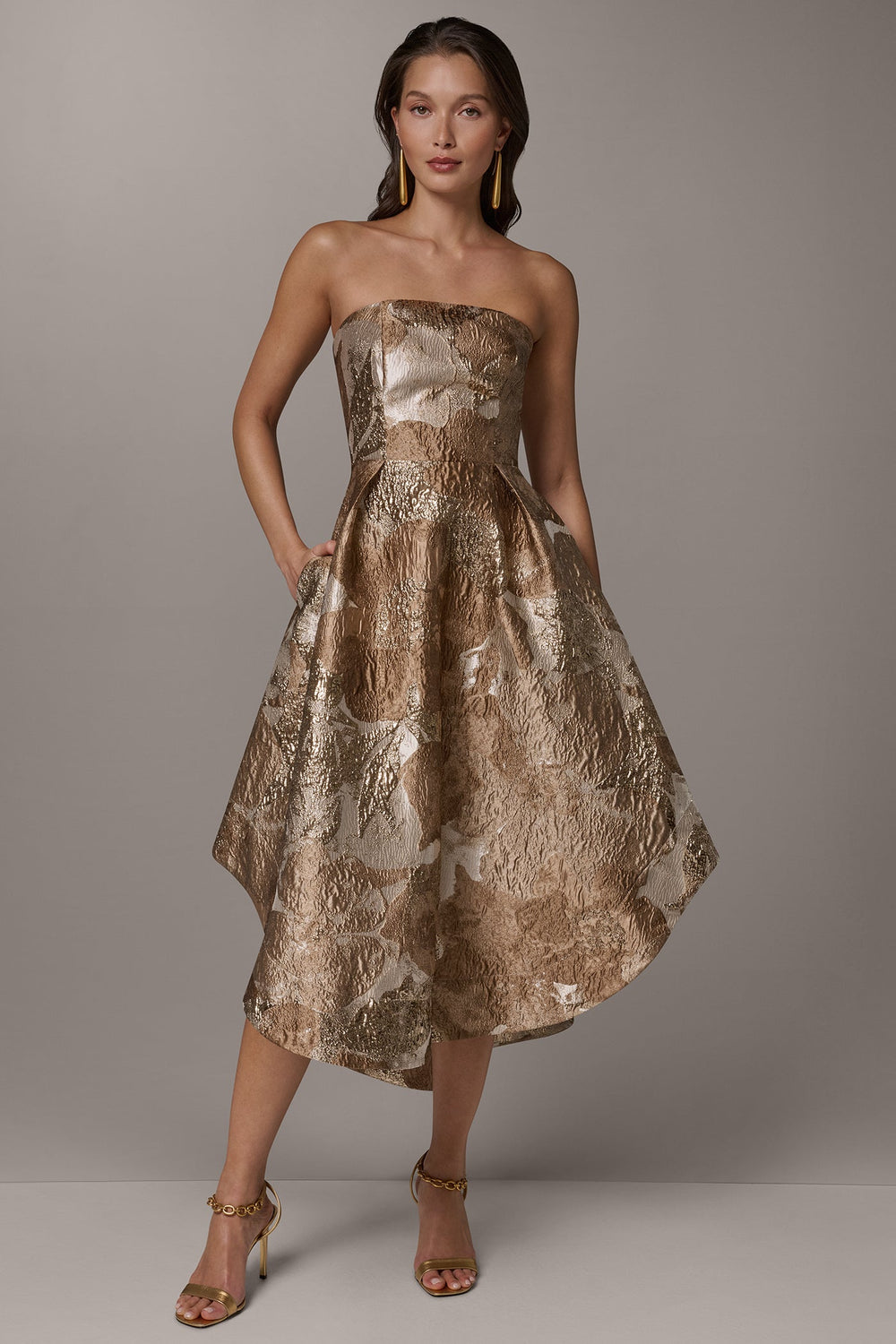 Donna Karan | BROCADE STRAPLESS PLEATED MIDI GOWN