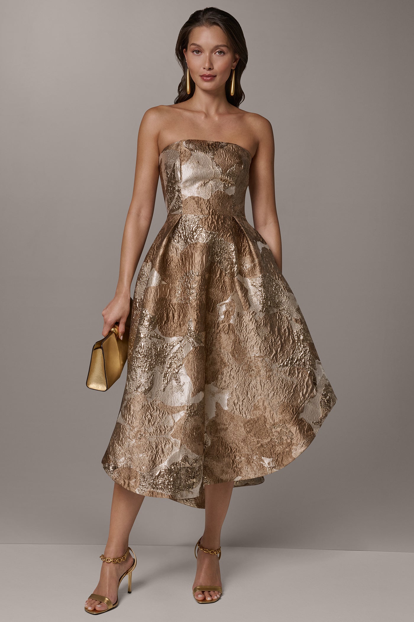 Donna Karan | BROCADE STRAPLESS PLEATED MIDI GOWN