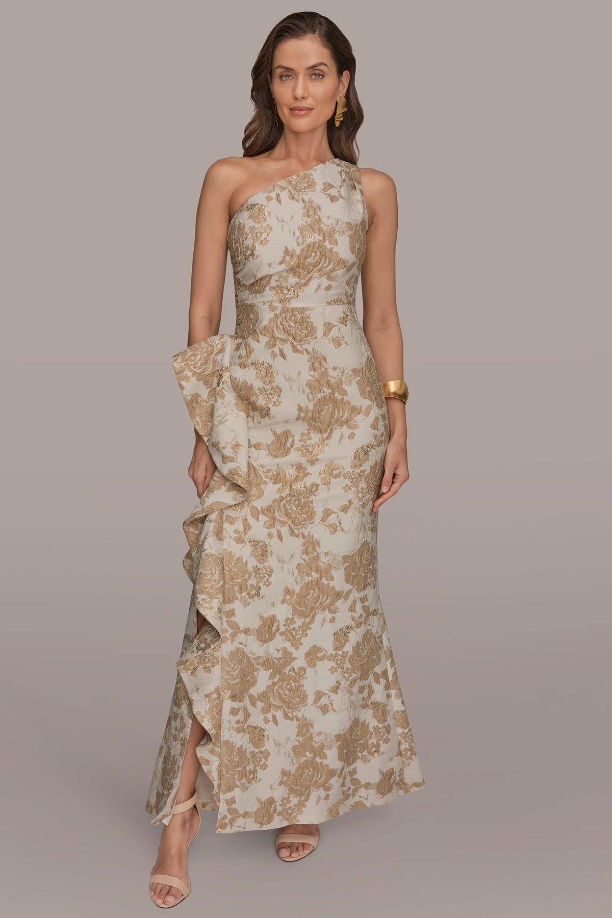 Donna Karan | FLORAL-JACQUARD ONE-SHOULDER RUFFLE GOWN