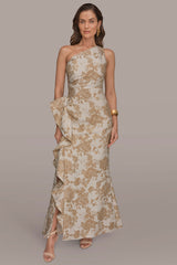 Donna Karan | FLORAL-JACQUARD ONE-SHOULDER RUFFLE GOWN