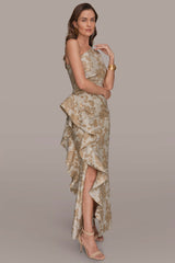 Donna Karan | FLORAL-JACQUARD ONE-SHOULDER RUFFLE GOWN