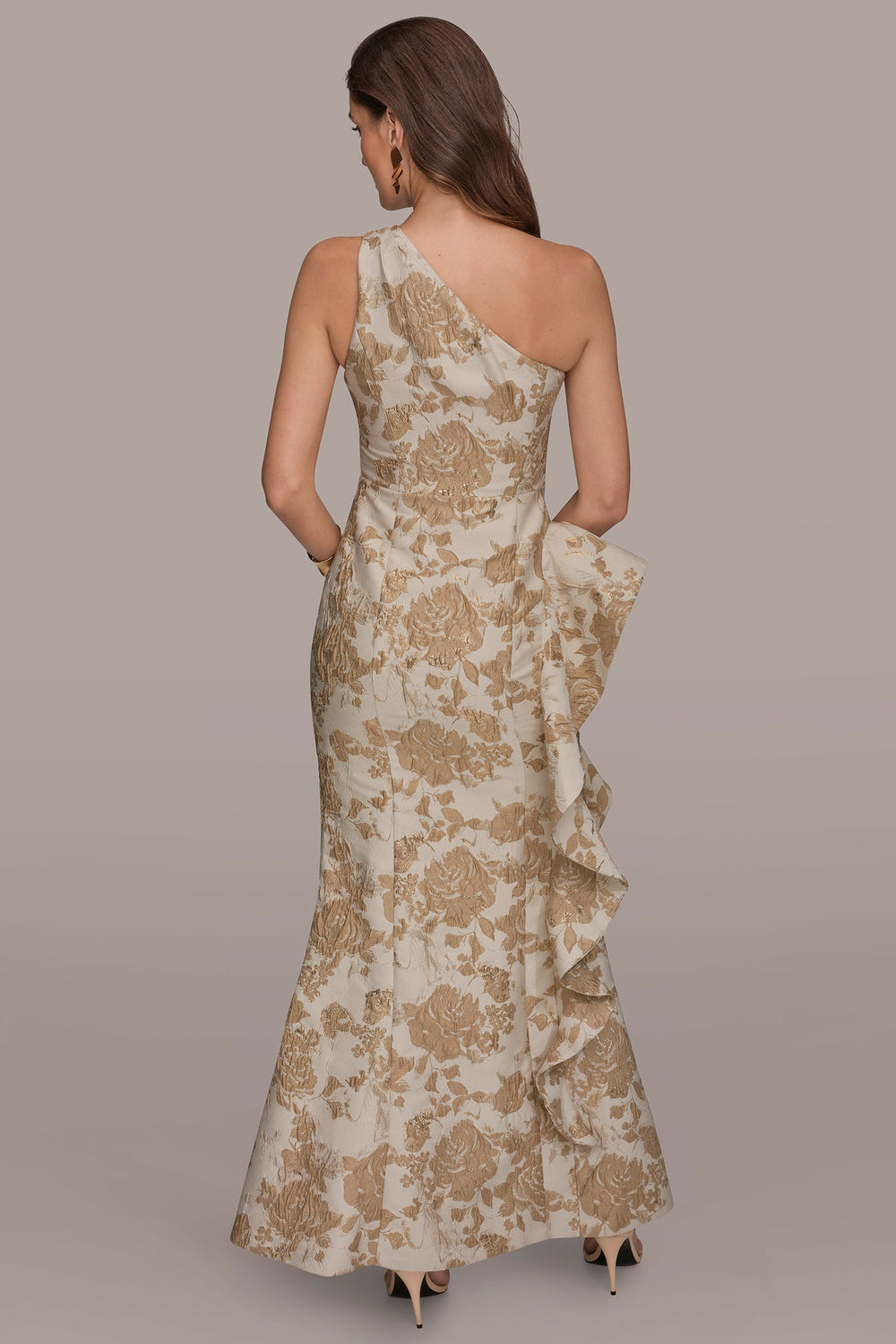 Donna Karan | FLORAL-JACQUARD ONE-SHOULDER RUFFLE GOWN