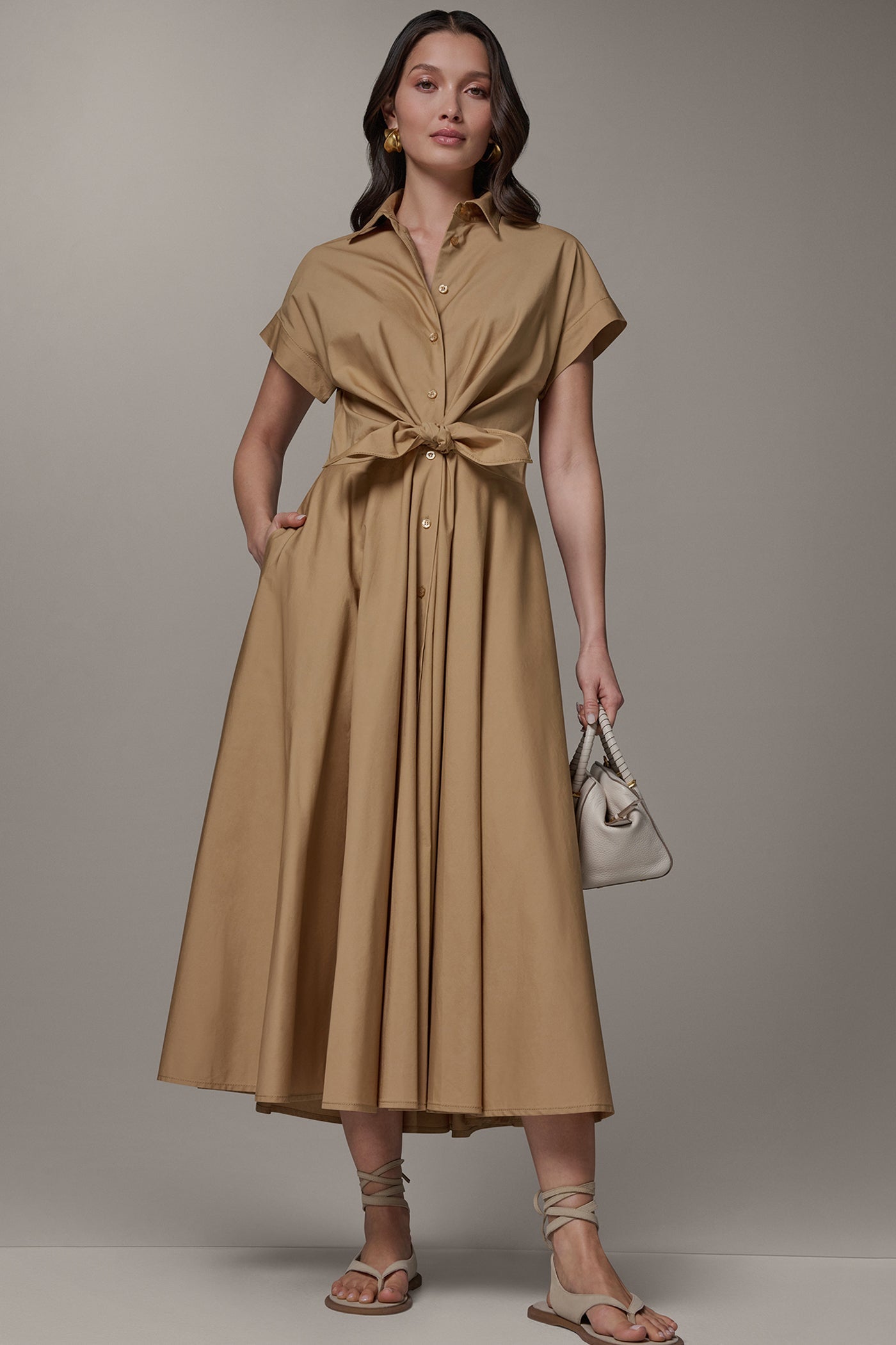 Donna Karan | SHORT SLEEVE TIE FRONT MAXI SHIRT DRESS