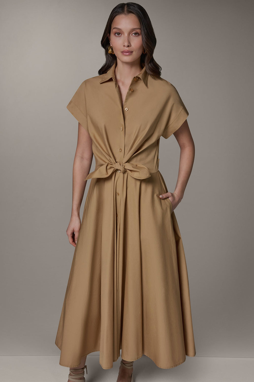 Donna Karan | SHORT SLEEVE TIE FRONT MAXI SHIRT DRESS