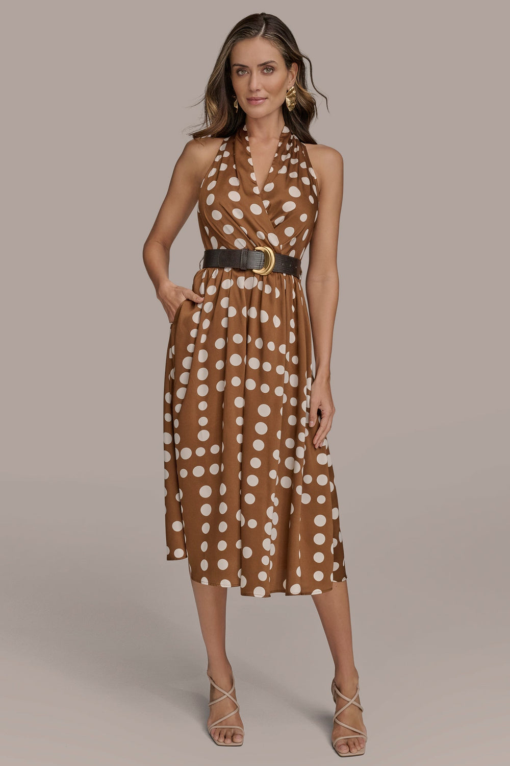 Donna Karan | SLEEVELESS POLKA DOT MIDI FIT AND FLARE DRESS