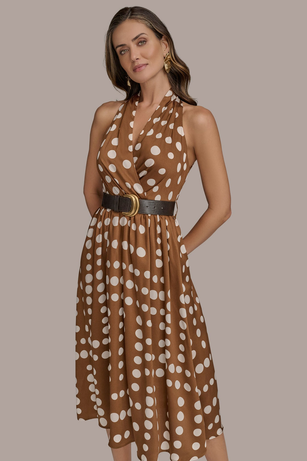 Donna Karan | SLEEVELESS POLKA DOT MIDI FIT AND FLARE DRESS