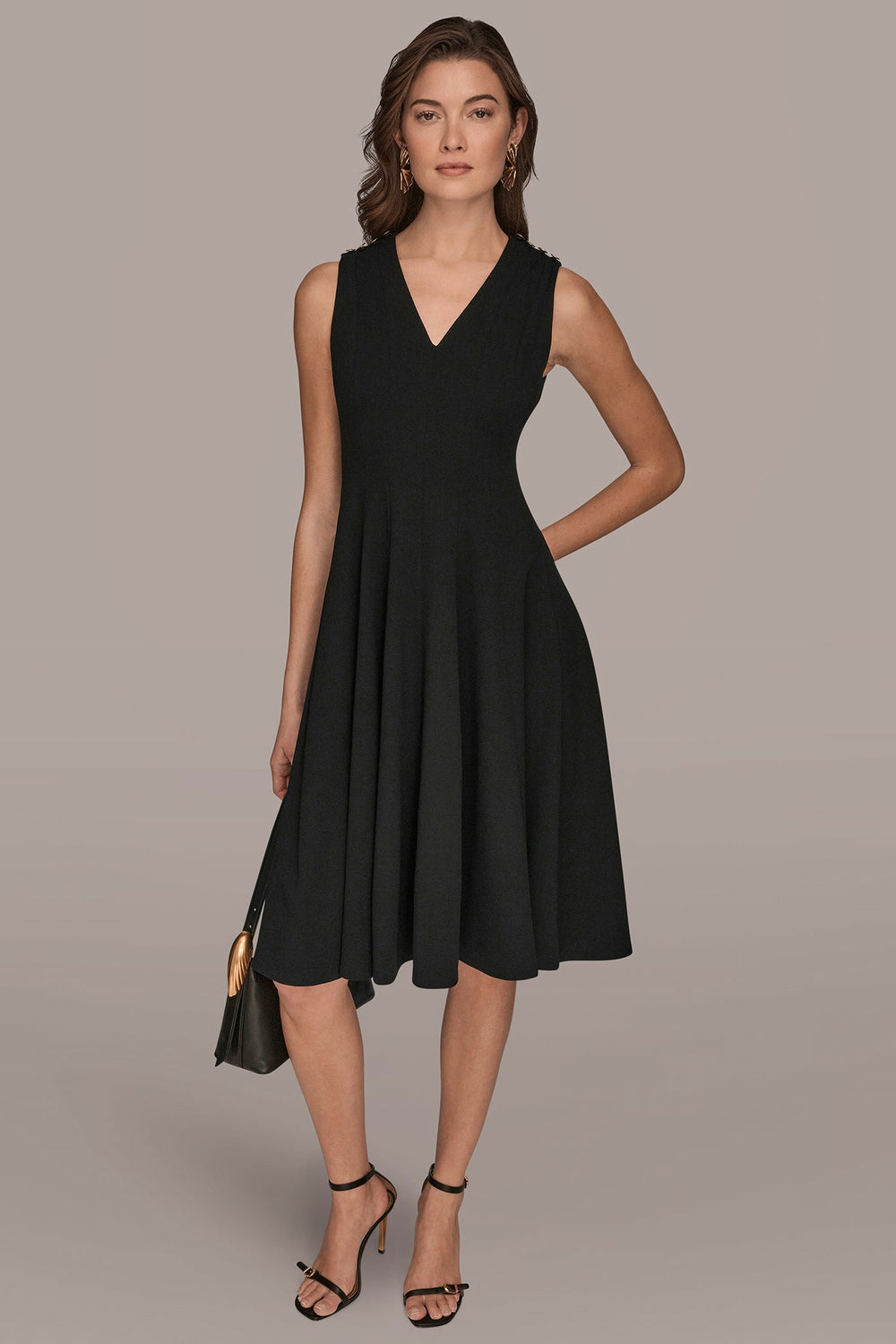 Donna Karan | SLEEVELESS BUTTON MIDI FIT AND FLARE DRESS