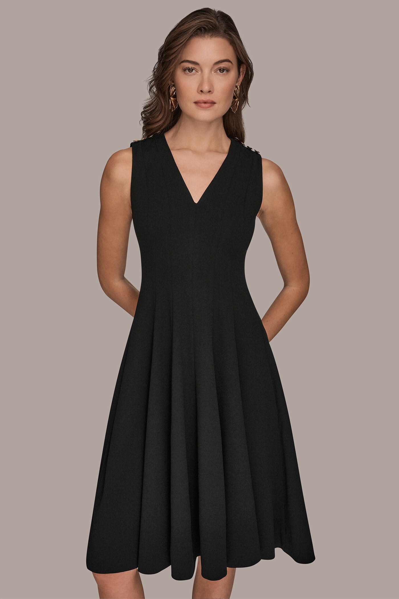 Donna Karan | SLEEVELESS BUTTON MIDI FIT AND FLARE DRESS