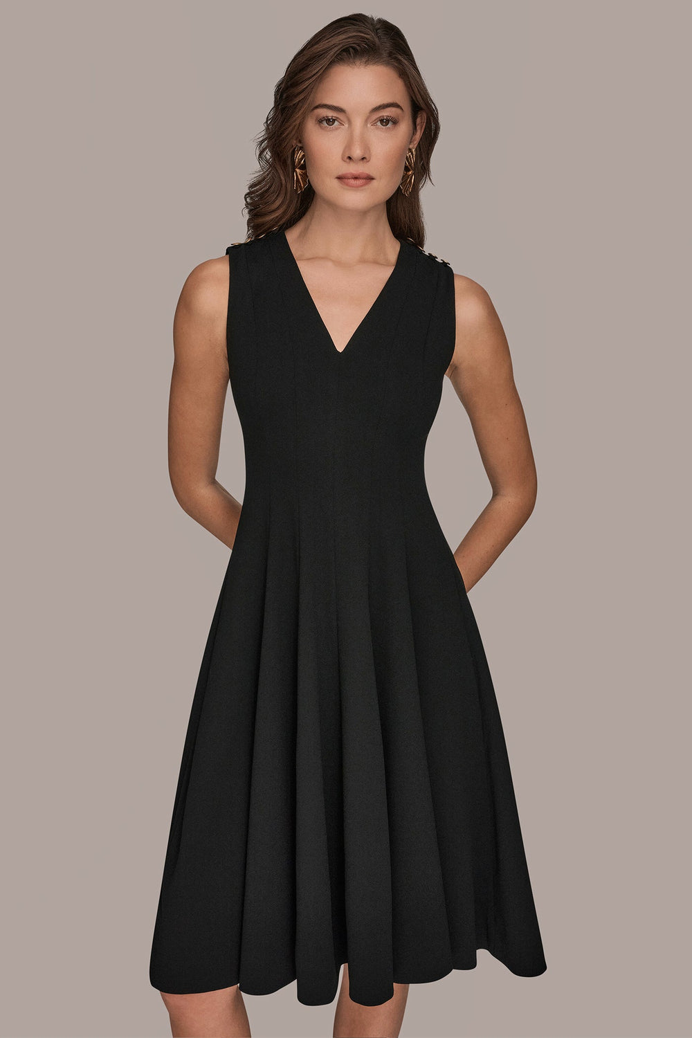 Donna Karan | SLEEVELESS BUTTON MIDI FIT AND FLARE DRESS