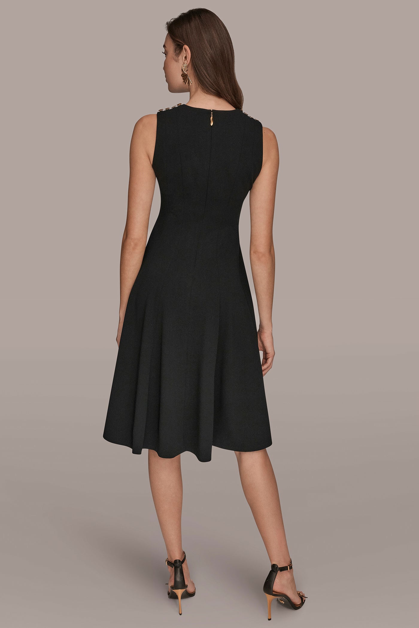 Donna Karan | SLEEVELESS BUTTON MIDI FIT AND FLARE DRESS
