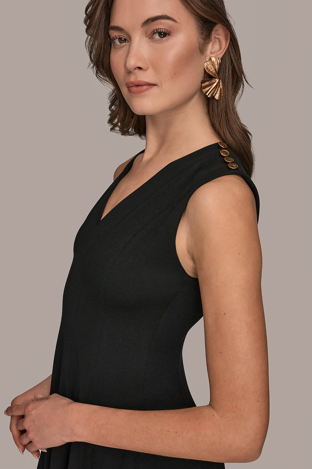 Donna Karan | SLEEVELESS BUTTON MIDI FIT AND FLARE DRESS