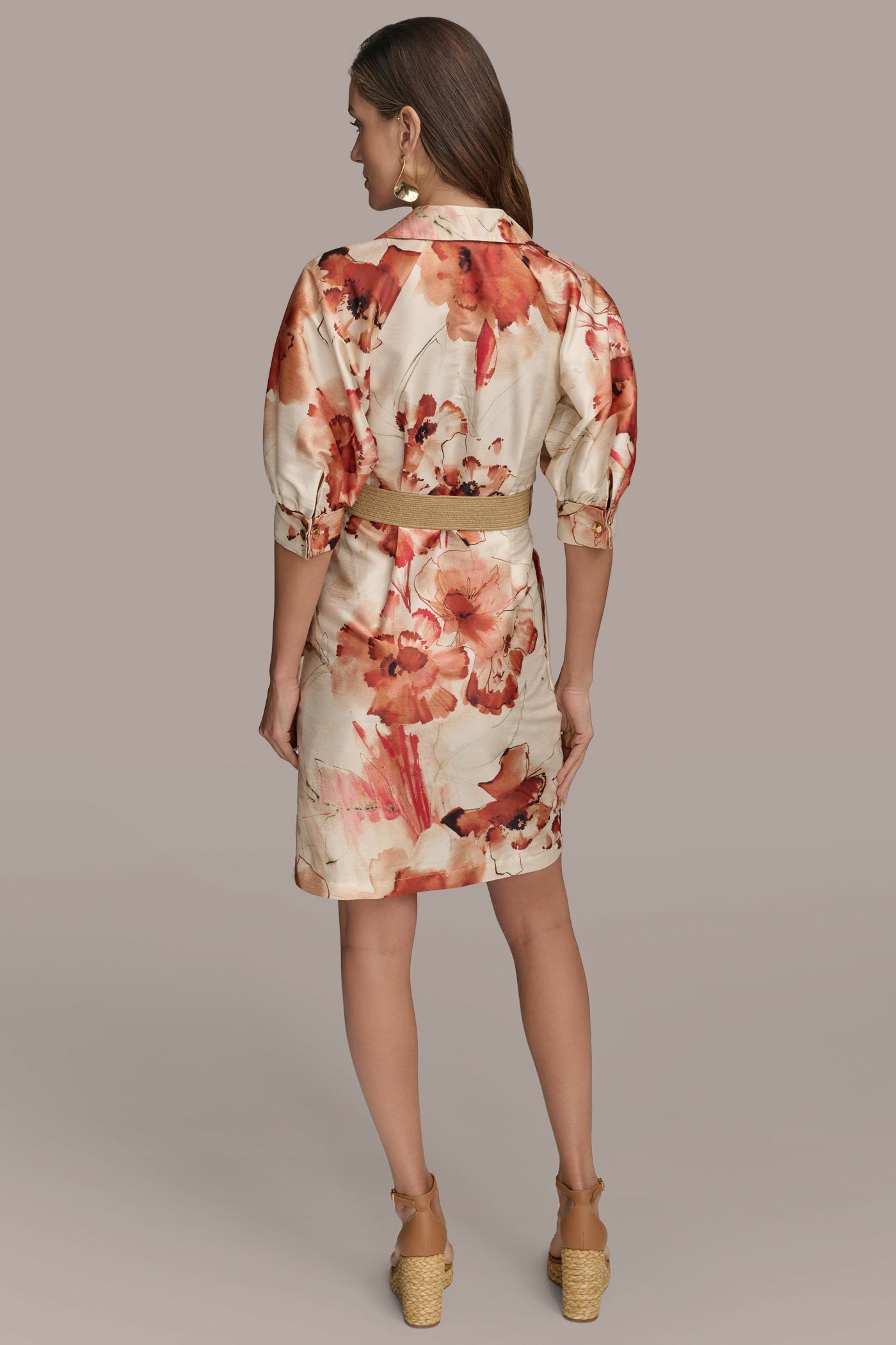 Donna Karan | FLORAL PUFF SLEEVE MINI SHIRT DRESS