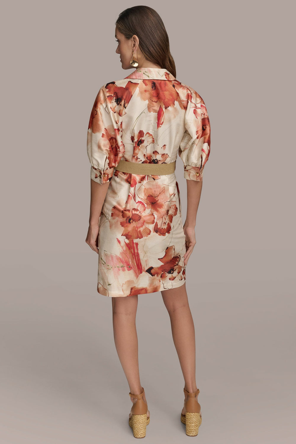 Donna Karan | FLORAL PUFF SLEEVE MINI SHIRT DRESS