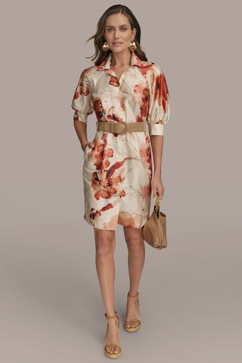 Donna Karan | FLORAL PUFF SLEEVE MINI SHIRT DRESS
