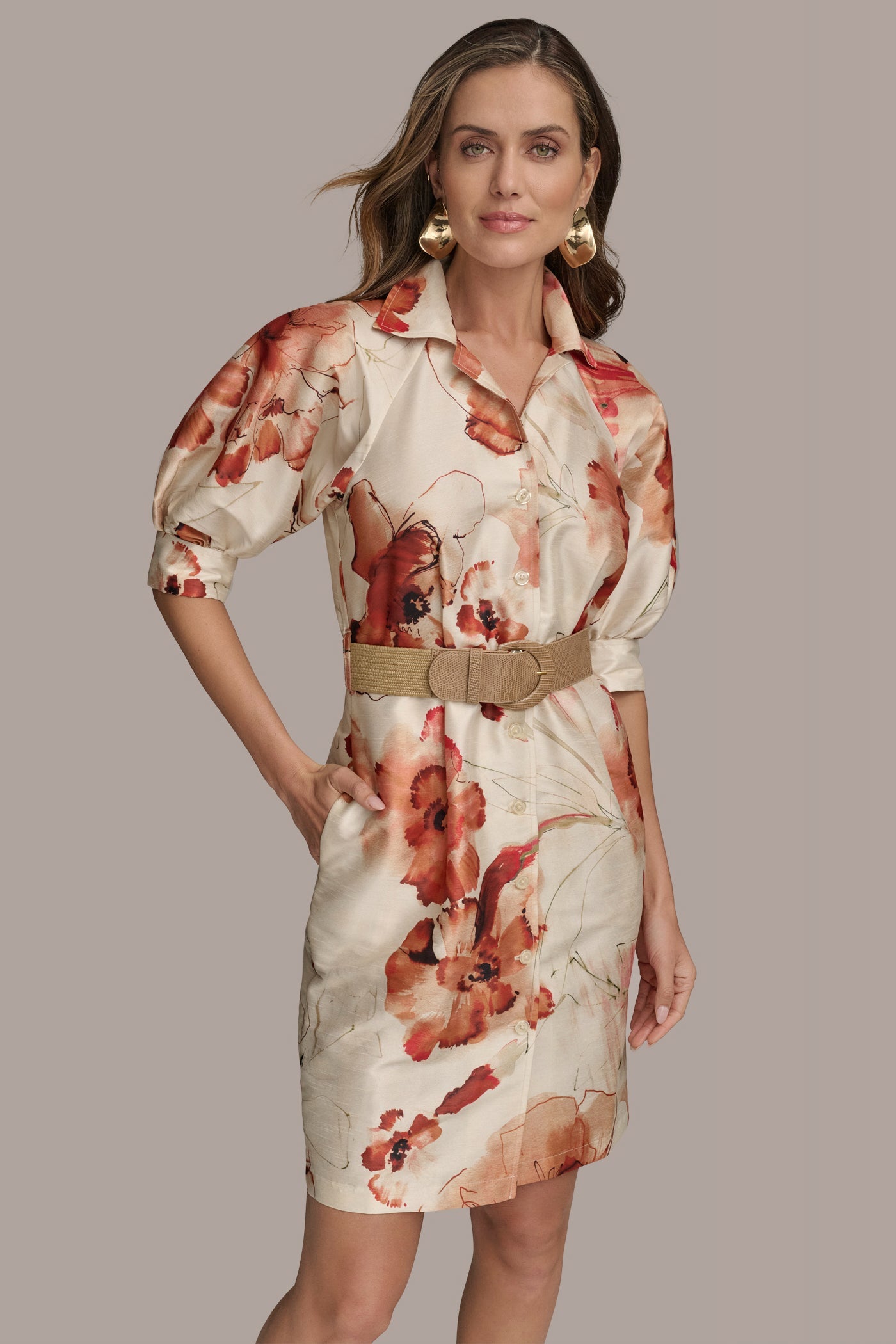 Donna Karan | FLORAL PUFF SLEEVE MINI SHIRT DRESS