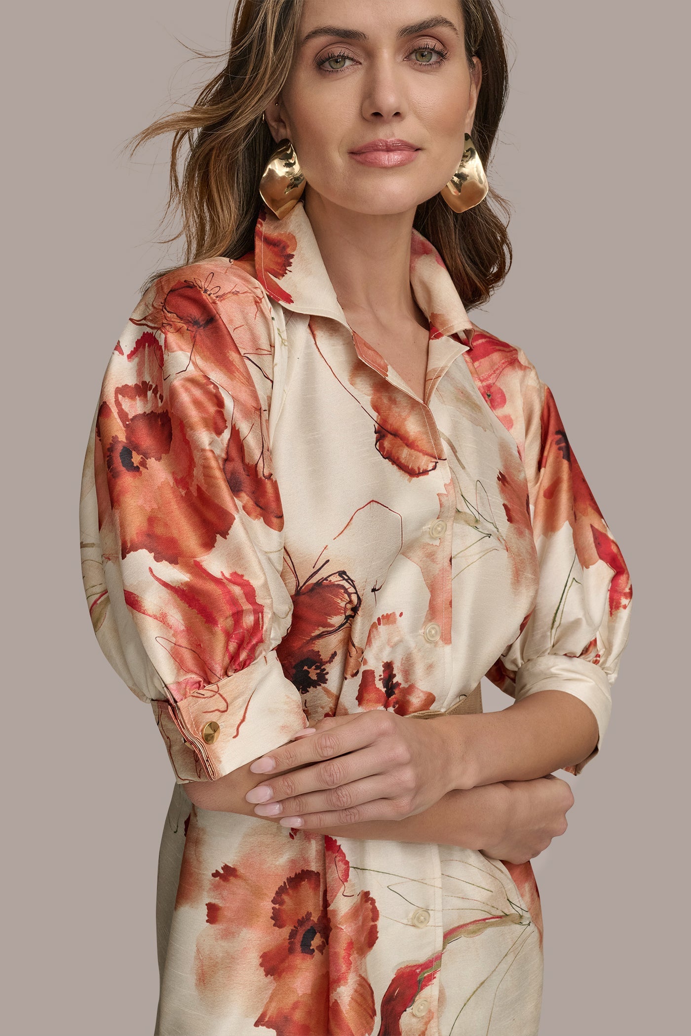 Donna Karan | FLORAL PUFF SLEEVE MINI SHIRT DRESS
