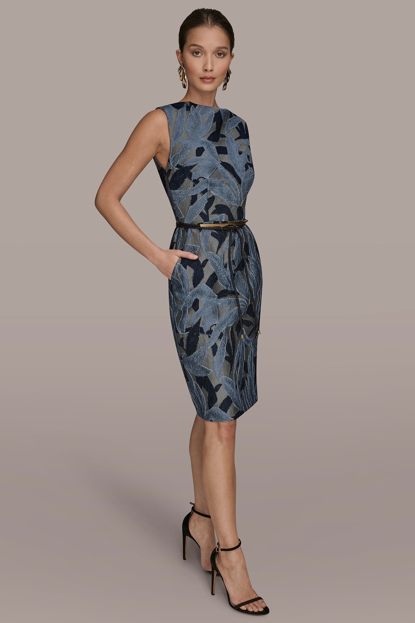 Donna Karan | JACQUARD SLEEVELESS COWL-NECK SHEATH DRESS