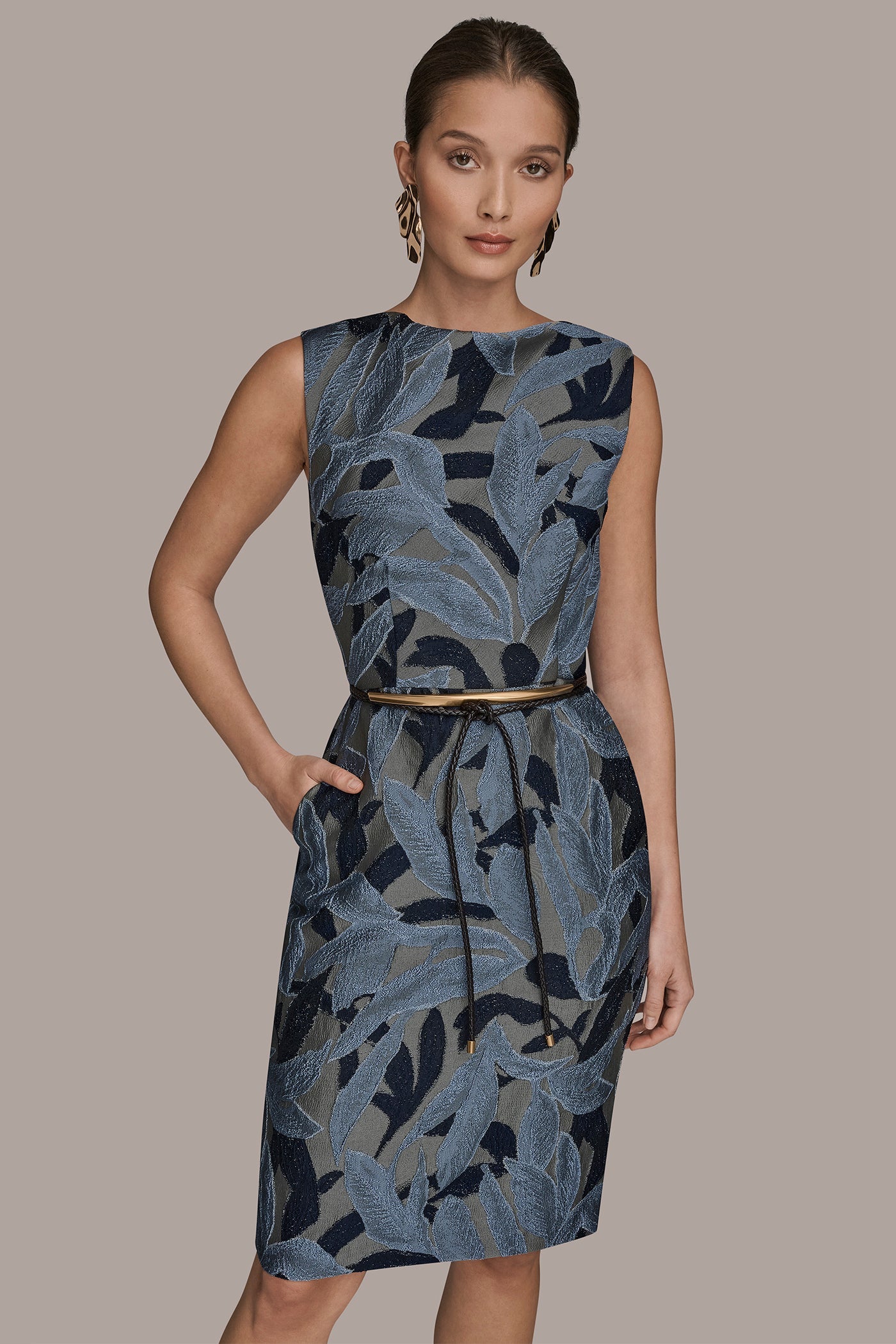 Donna Karan | JACQUARD SLEEVELESS COWL-NECK SHEATH DRESS