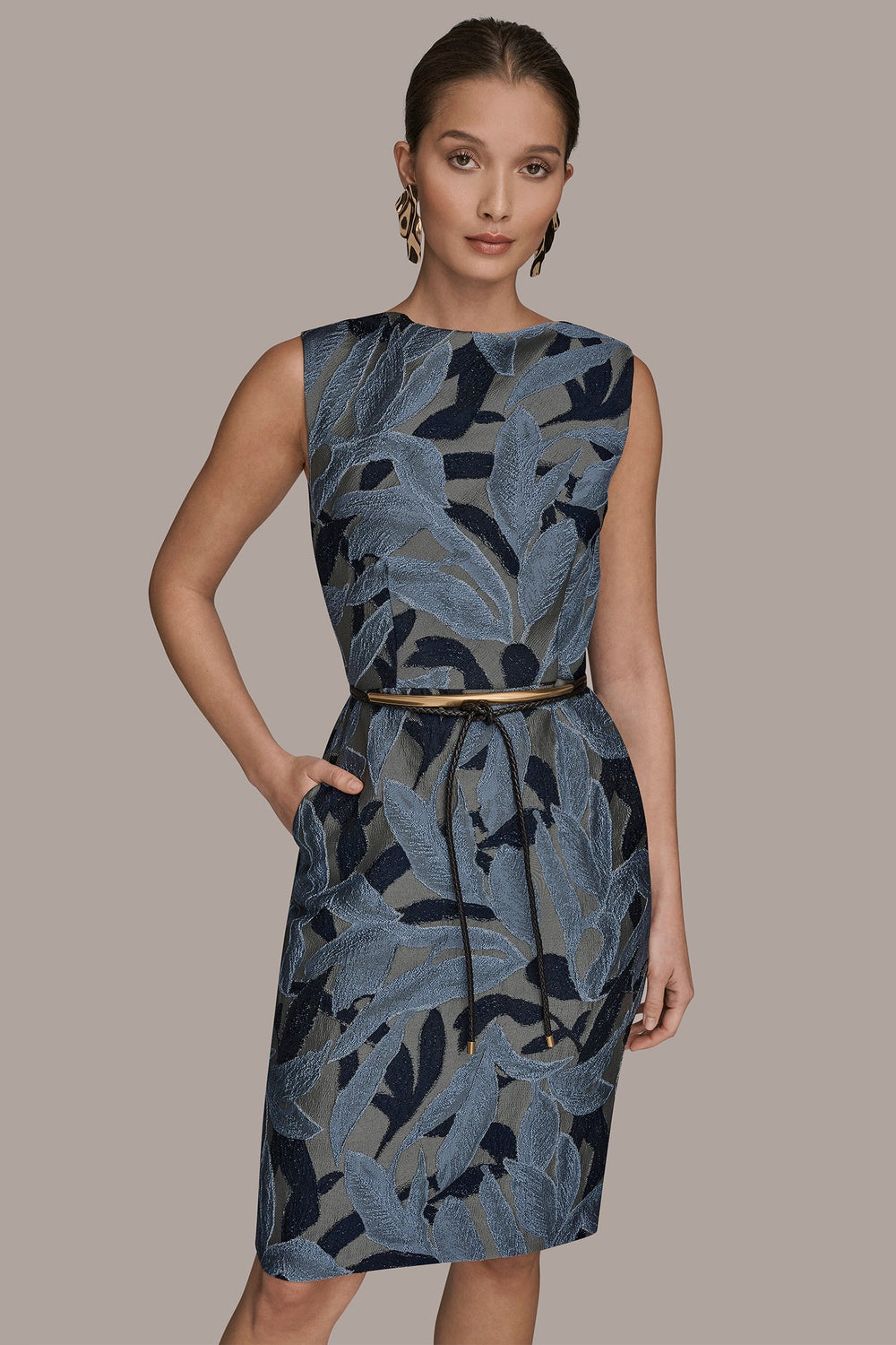 Donna Karan | JACQUARD SLEEVELESS COWL-NECK SHEATH DRESS