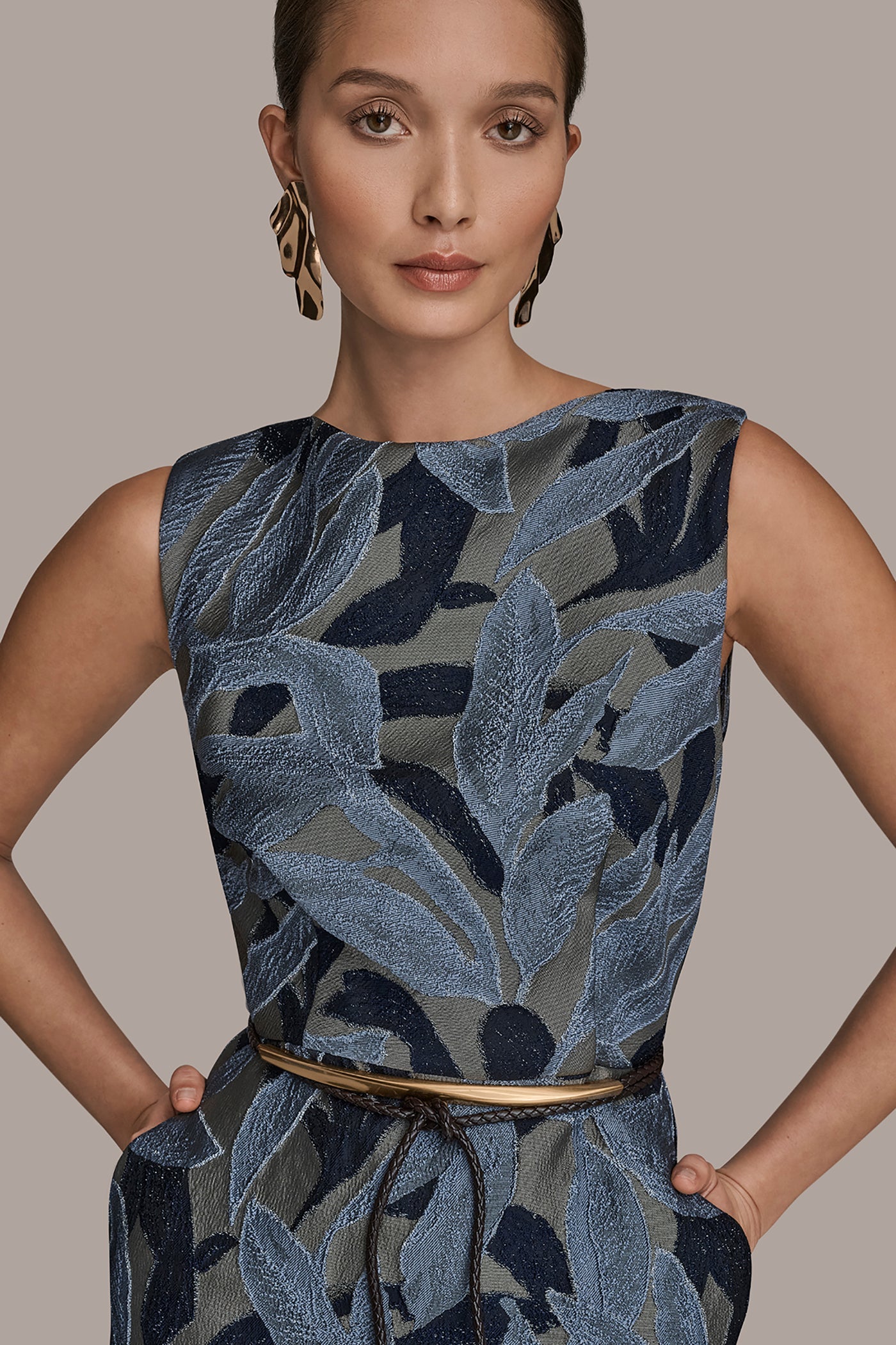 Donna Karan | JACQUARD SLEEVELESS COWL-NECK SHEATH DRESS