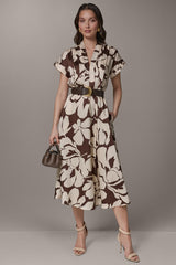 Donna Karan | SHORT SLEEVE FLORAL MIDI A-LINE DRESS