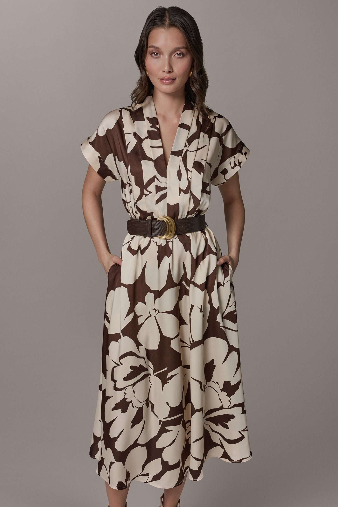 Donna Karan | SHORT SLEEVE FLORAL MIDI A-LINE DRESS