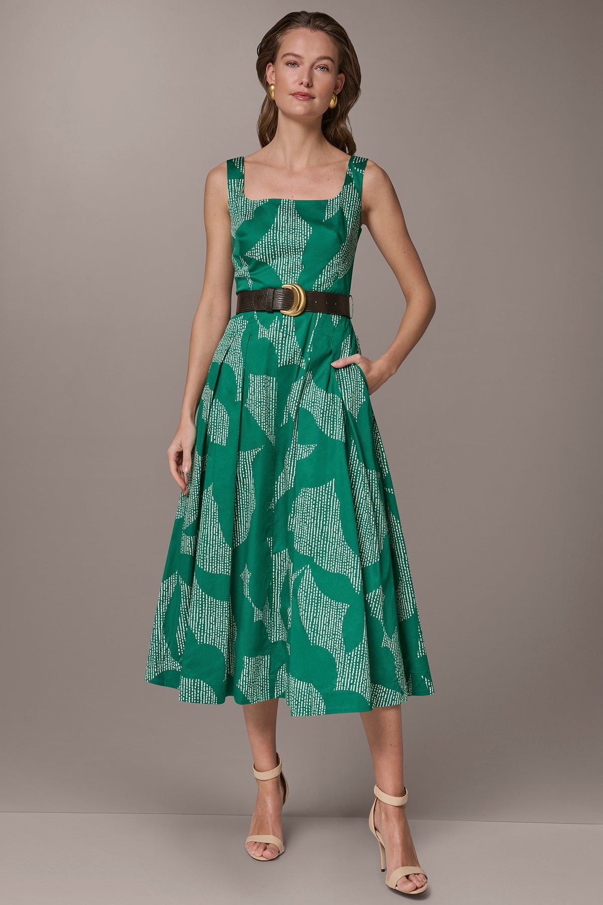 Donna Karan | STRETCH COTTON-POPLIN PRINTED PLEATED MIDI A-LINE DRESS